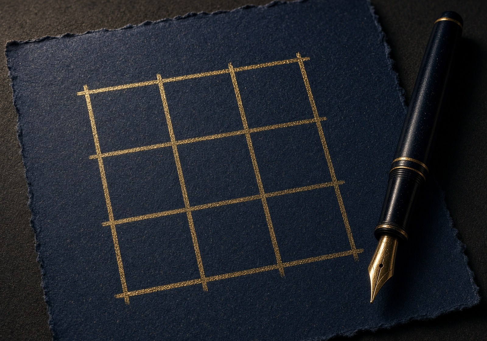 A quiet geometric grid drawn in gold ink on dark paper