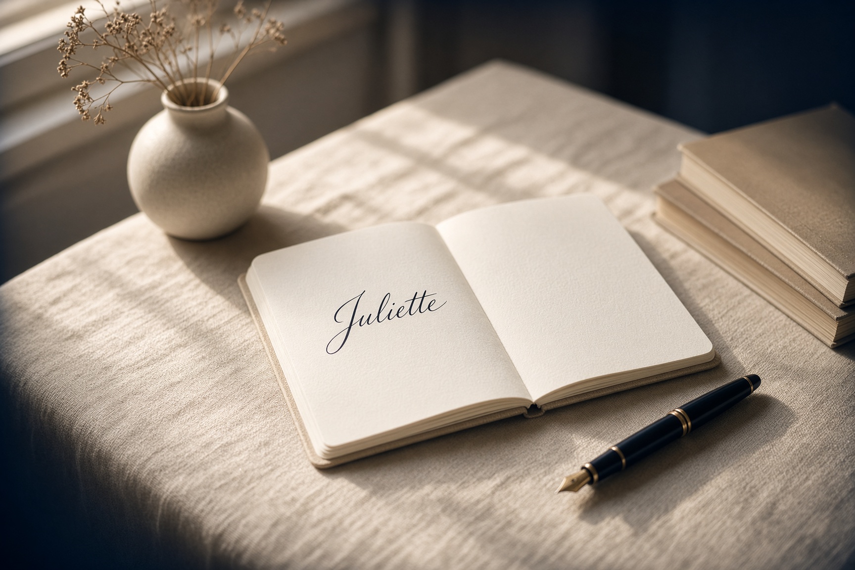 A handwritten name on linen paper beside a fountain pen