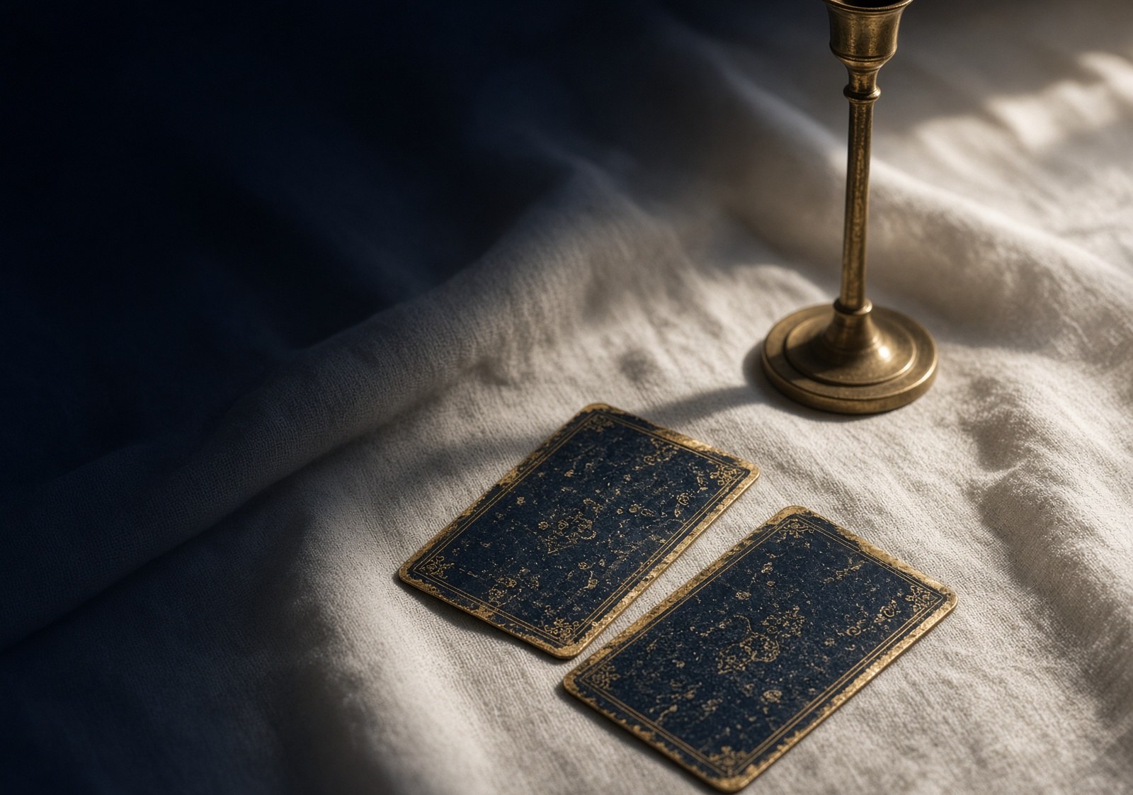 Antique tarot cards on linen in warm window light